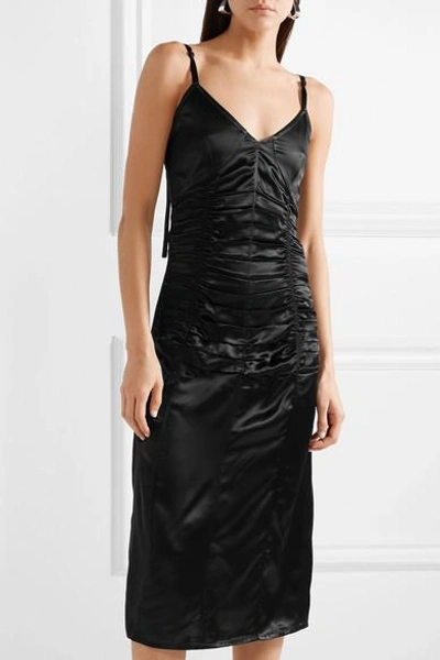 Shop Helmut Lang Ruched Satin Midi Dress In Black