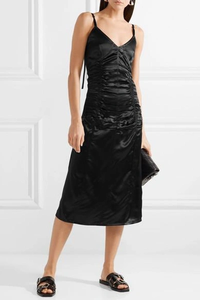 Shop Helmut Lang Ruched Satin Midi Dress In Black