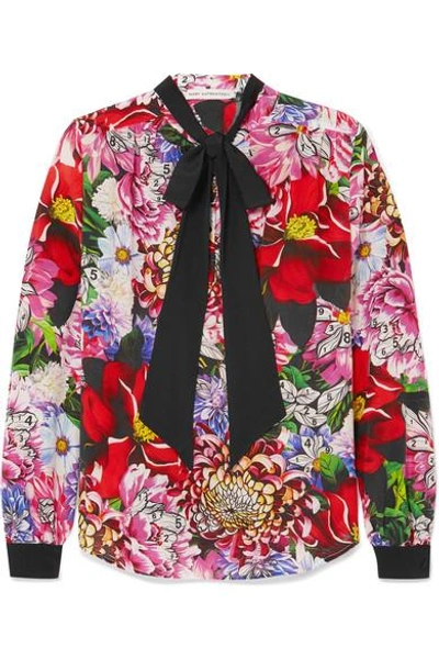 Shop Mary Katrantzou Pussy-bow Floral-print Silk Crepe De Chine Blouse In Pink