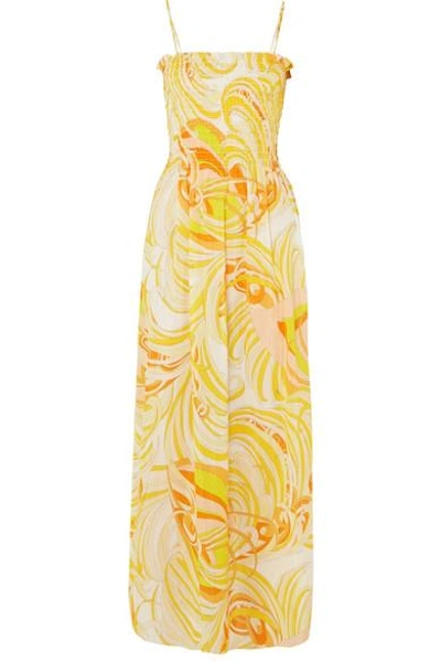 Shop Emilio Pucci Smocked Printed Cotton And Silk-blend Voile Maxi Dress In Pastel Yellow