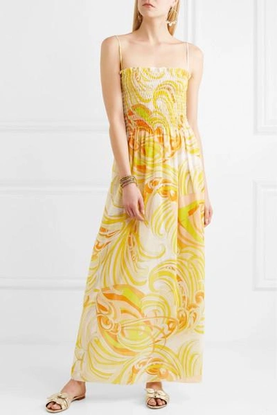 Shop Emilio Pucci Smocked Printed Cotton And Silk-blend Voile Maxi Dress In Pastel Yellow