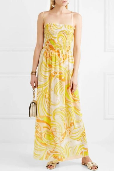 Shop Emilio Pucci Smocked Printed Cotton And Silk-blend Voile Maxi Dress In Pastel Yellow