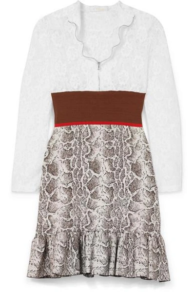 Shop Chloé Paneled Lace, Stretch And Jacquard-knit Mini Dress In Brown
