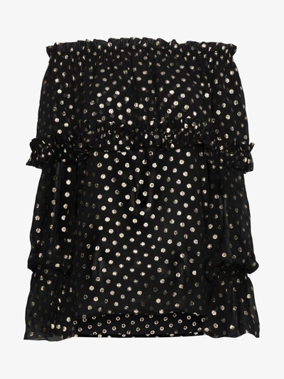 Shop Saint Laurent Off-shoulder Polka Dot Silk Blouse In Black