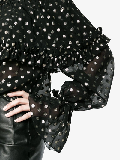 Shop Saint Laurent Off-shoulder Polka Dot Silk Blouse In Black