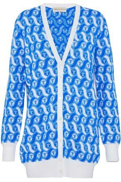 Shop Emilio Pucci Jacquard-knit Merino Wool Cardigan In Bright Blue
