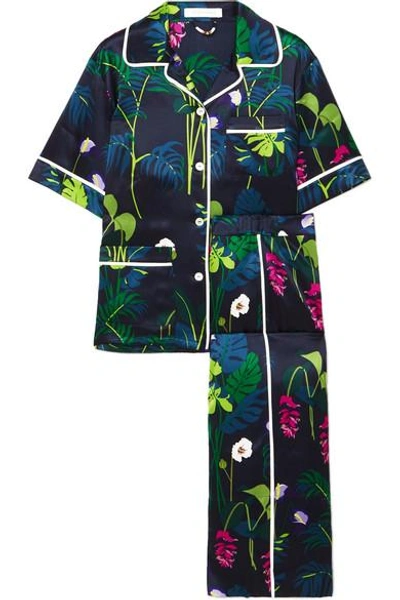 Shop Olivia Von Halle Daria Printed Silk-satin Pajama Set In Navy