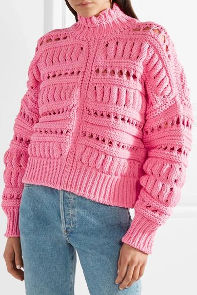 Shop Isabel Marant Zoe Oversized Open-knit Cotton-blend Turtleneck Sweater In Pink