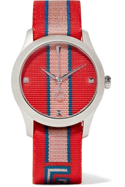 Shop Gucci Striped Canvas And Stainless Steel Watch