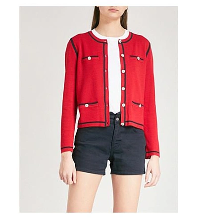 Shop Claudie Pierlot Contrast-trim Wool-blend Cardigan In Red