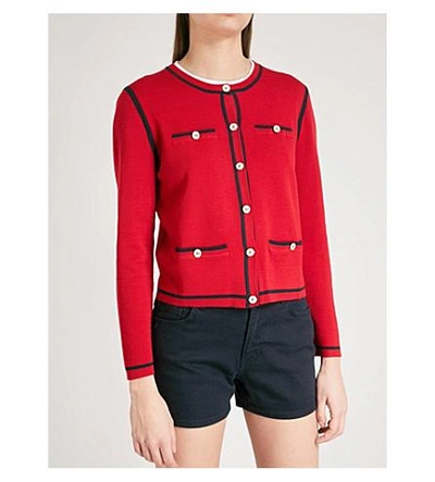 Shop Claudie Pierlot Contrast-trim Wool-blend Cardigan In Red