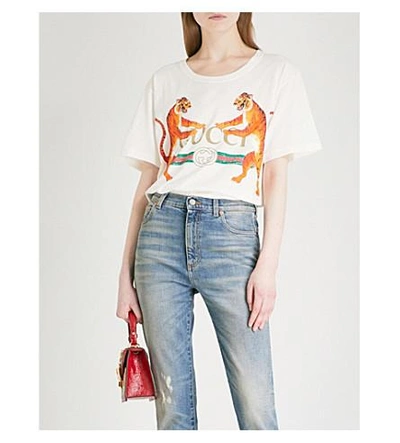 Shop Gucci Tiger-print Cotton-jersey T-shirt In White