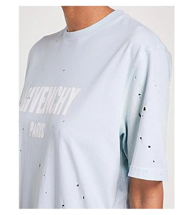 Shop Givenchy Destroyed Logo-print Cotton T-shirt In Light Blue