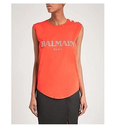 Shop Balmain Logo-print Sleeveless Cotton-jersey Top In Rouge