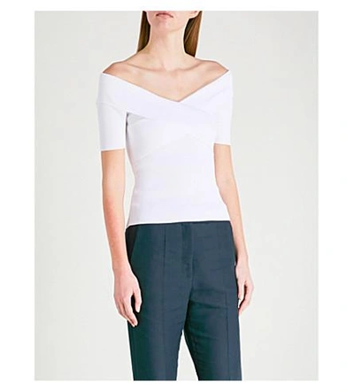 Shop Sandro Off-the-shoulder Knitted Top In Blanc