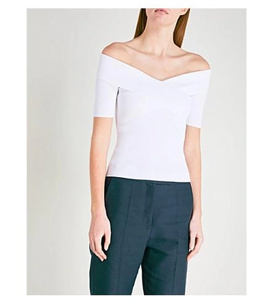 Shop Sandro Off-the-shoulder Knitted Top In Blanc