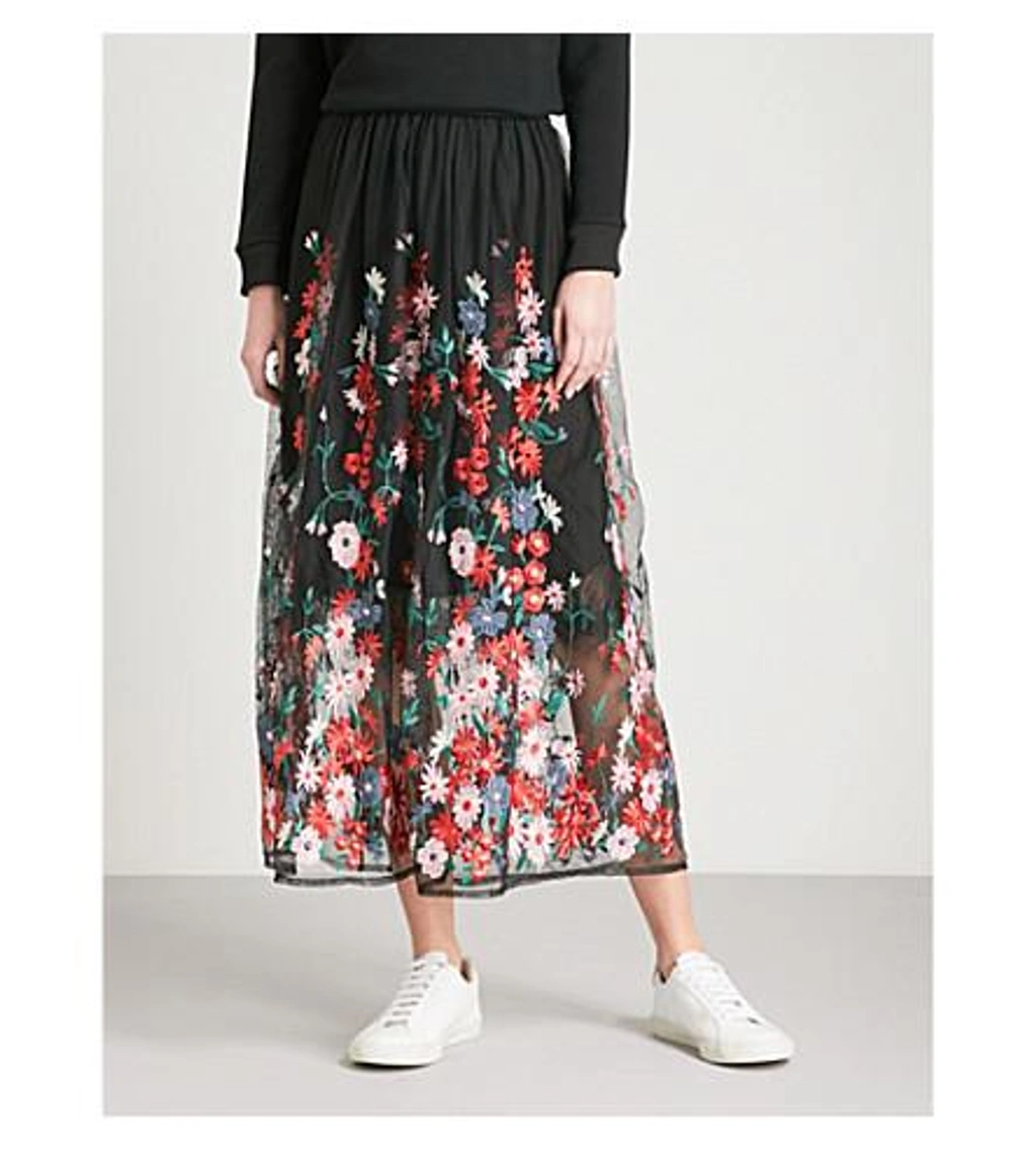 Maje Jamie Floral embroidered Tulle Midi Skirt In Black ModeSens