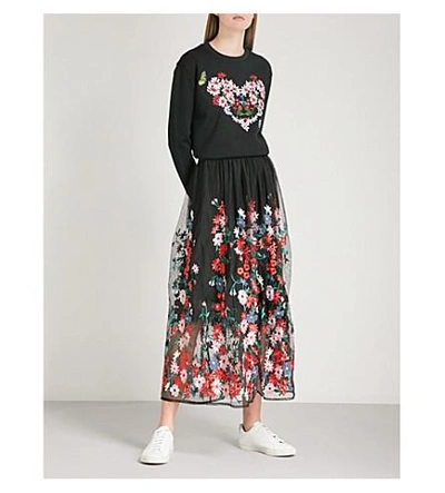 Shop Maje Jamie Floral-embroidered Tulle Midi Skirt In Black
