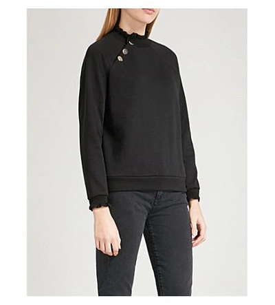 Shop Claudie Pierlot Ruffle-trimmed Cotton-blend Jumper In Black