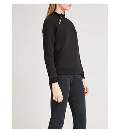 Shop Claudie Pierlot Ruffle-trimmed Cotton-blend Jumper In Black