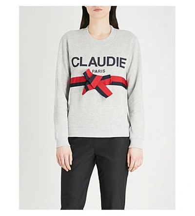 Shop Claudie Pierlot Bow-detail Logo-print Cotton-blend Sweatshirt In Grey