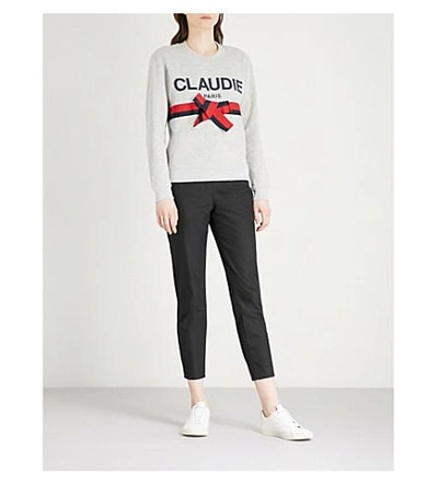 Shop Claudie Pierlot Bow-detail Logo-print Cotton-blend Sweatshirt In Grey