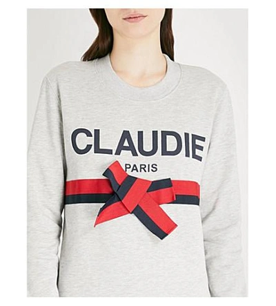 Shop Claudie Pierlot Bow-detail Logo-print Cotton-blend Sweatshirt In Grey