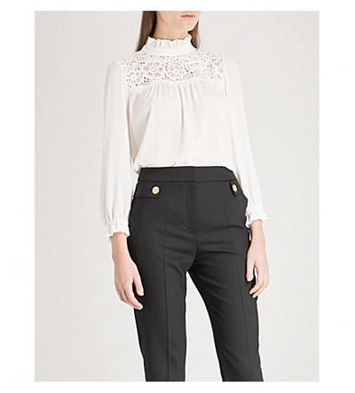 Shop Claudie Pierlot Lace-panel Crepe Blouse In Cream