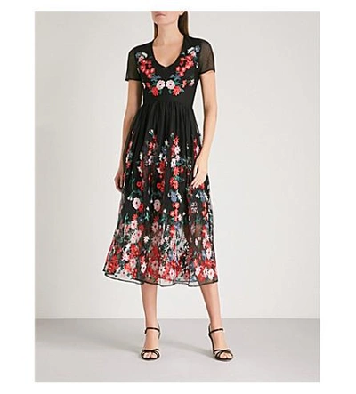 Shop Maje Raphael Floral-embroidered Tulle Midi Dress In Black