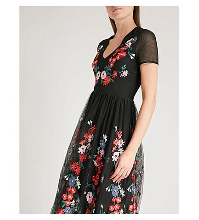 Shop Maje Raphael Floral-embroidered Tulle Midi Dress In Black