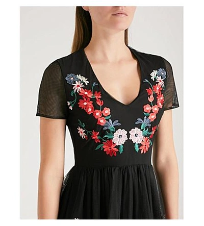 Shop Maje Raphael Floral-embroidered Tulle Midi Dress In Black
