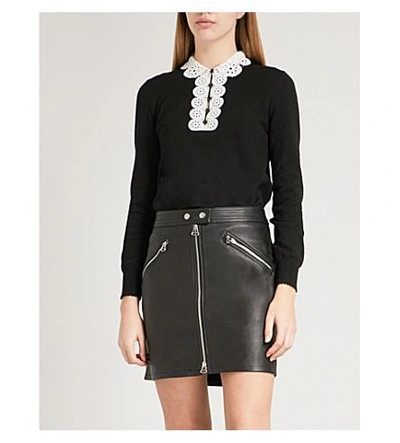 Shop Claudie Pierlot Martine Lace-collar Cotton-blend Jumper In Black