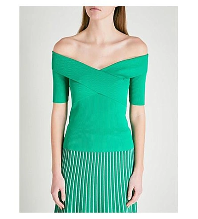 Shop Sandro Off-the-shoulder Knitted Top In Vert Emeraude