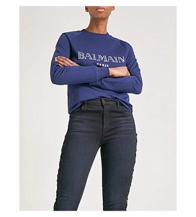 Shop Balmain Logo-print Cotton-jersey Sweatshirt In Marine