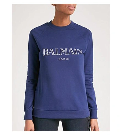 Shop Balmain Logo-print Cotton-jersey Sweatshirt In Marine