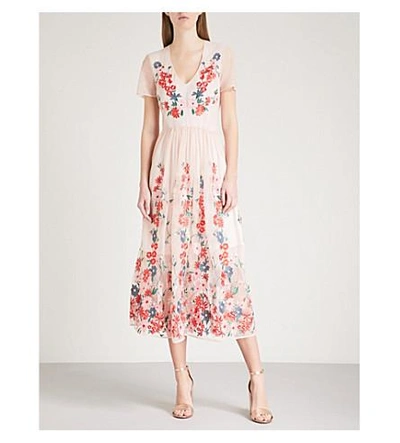 Shop Maje Raphael Floral-embroidered Tulle Midi Dress In Pale Pink