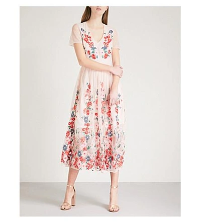 Shop Maje Raphael Floral-embroidered Tulle Midi Dress In Pale Pink