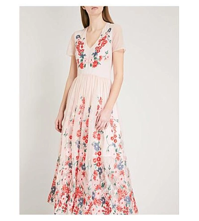 Shop Maje Raphael Floral-embroidered Tulle Midi Dress In Pale Pink