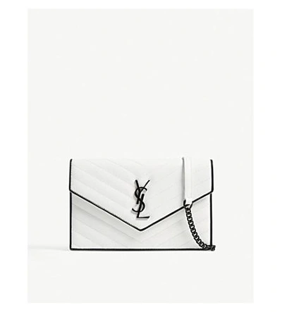Shop Saint Laurent Monogram Envelope Leather Wallet-on-chain In White/black
