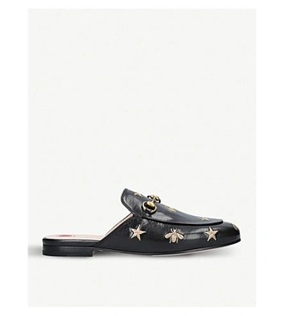 Shop Gucci Princetown Embroidered Leather Slippers In Blk/other
