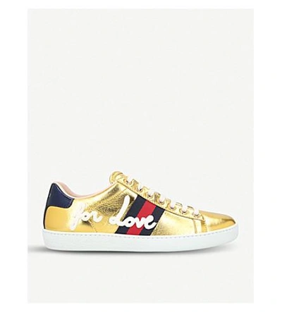 Shop Gucci New Ace Metallic Leather Trainers In Gold