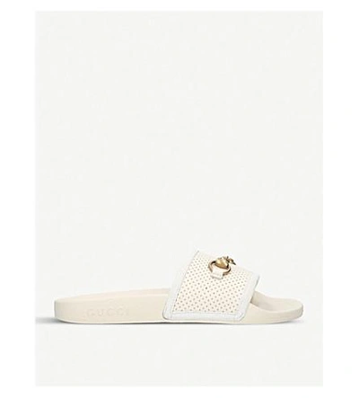 Shop Gucci Pursuit Leather And Rubber Sliders In Winter Wht