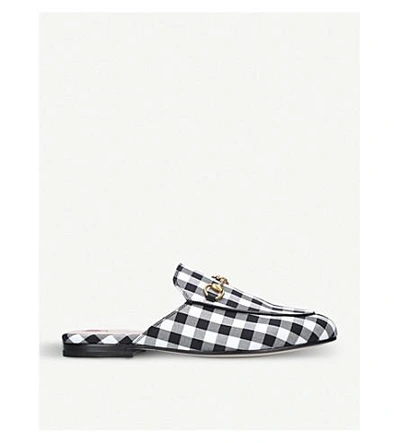 Shop Gucci Princetown Gingham Slippers In White/blk