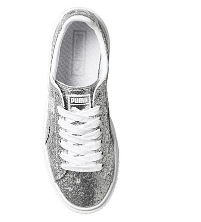 Shop Puma Basket Glittered Leather Platform Sneakers In Silver Glitter White