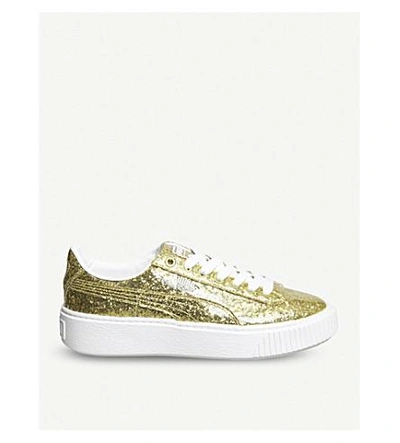 Shop Puma Basket Glittered Leather Platform Sneakers In Gold Glitter White