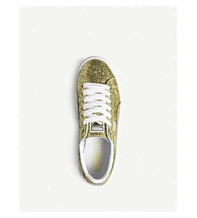 Shop Puma Basket Glittered Leather Platform Sneakers In Gold Glitter White