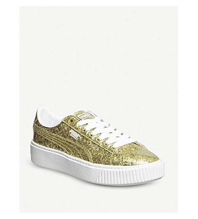 Shop Puma Basket Glittered Leather Platform Sneakers In Gold Glitter White