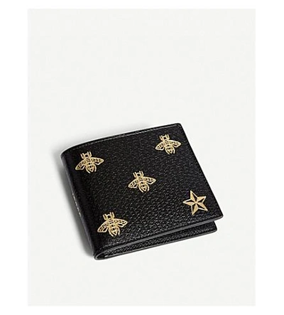 Shop Gucci Bee And Star Grained Leather Wallet In Black Gold