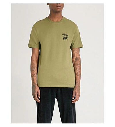 Shop Stussy Stock Lion Cotton-jersey T-shirt In Olive