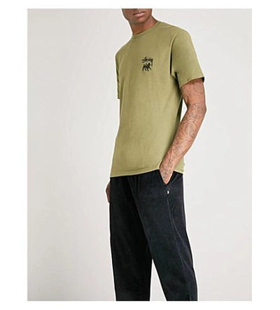 Shop Stussy Stock Lion Cotton-jersey T-shirt In Olive